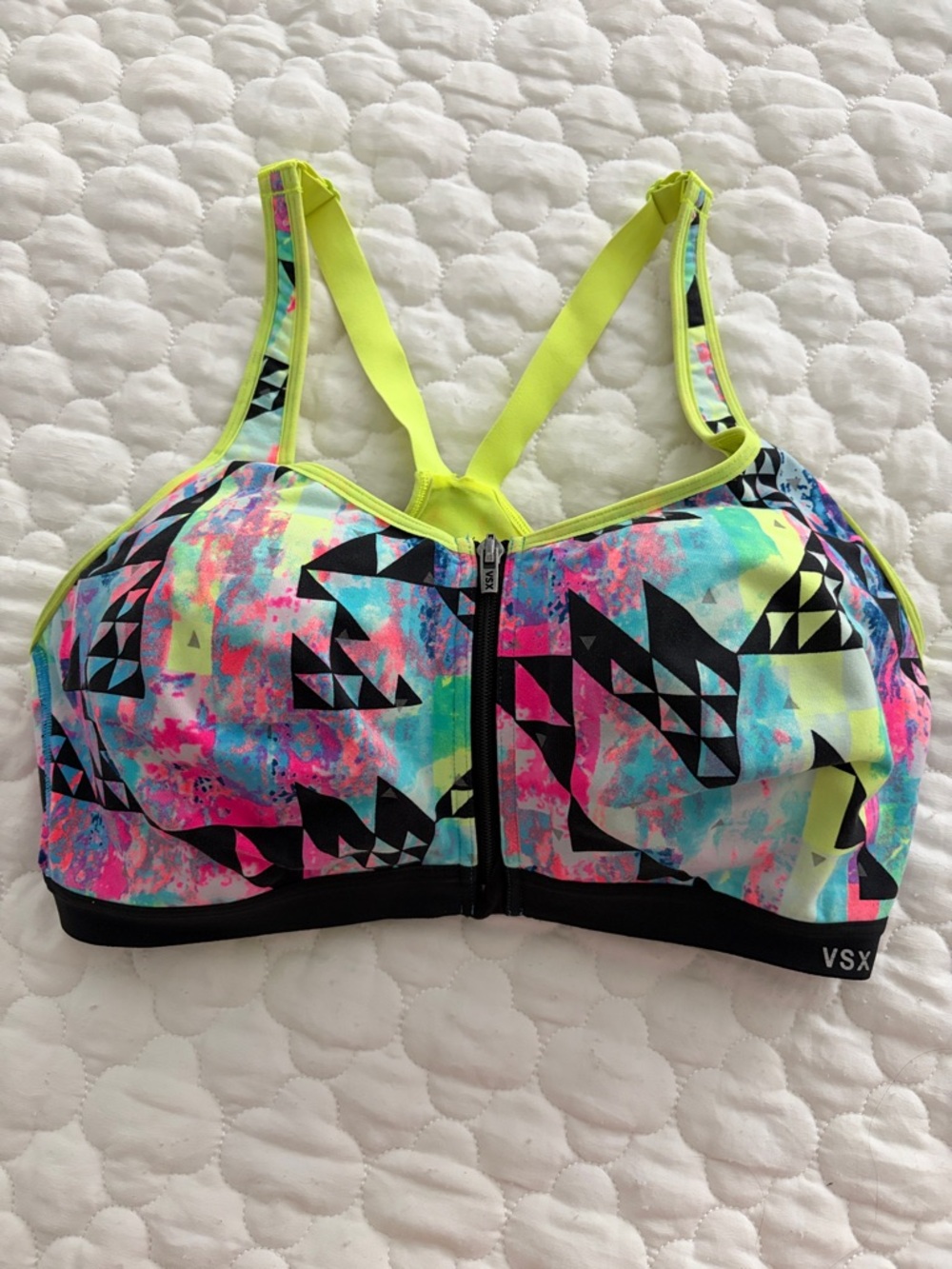 VSX Neon Geo Front-Zip Sports Bra - Yellow, Pink, Blue, Black